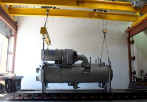 Our overhead crane enables us to load and unload new surplus and used chillers safely and gently and shipped internationally to your location.