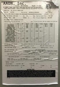 Used aaon 125 ton rtu 2011  data plate 1
