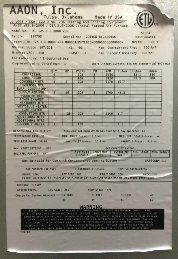 Used aaon 125 ton rtu 2011 data plate 1 - Surplus Group