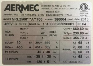 Used aermec 188 ton air cooled chiller 2013  data plate 1