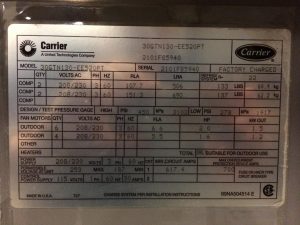 Used carrier 130 ton air cooled chiller 2001  data plate 2