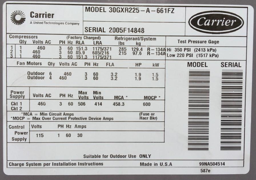 Used carrier 225 ton air cooled chiller 2005 data plate 2 - Surplus Group