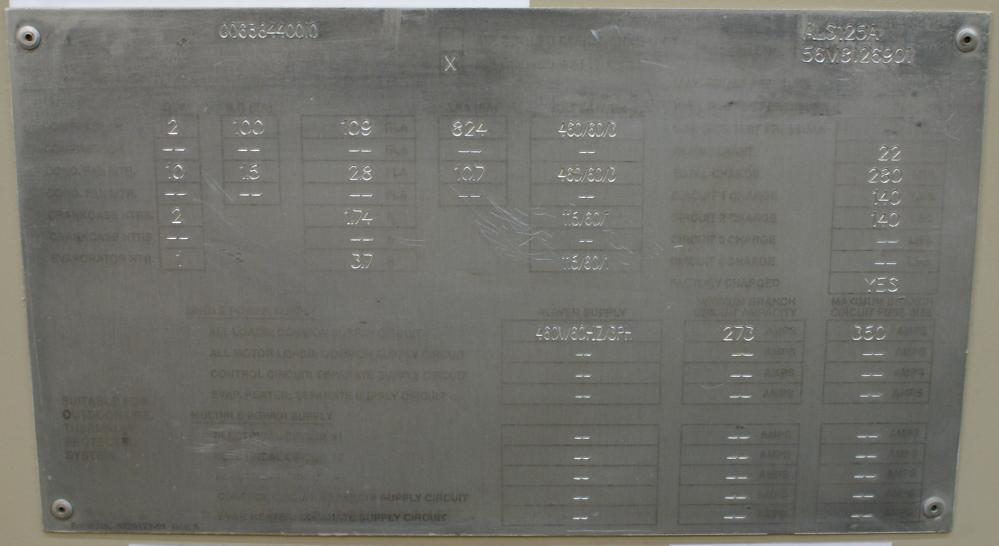 Mcquay Rps Used mcquay air cooled chiller 125 tons 1996 data plate 1 - Surplus Group
