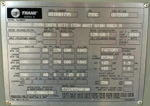 Used trane 140 ton air cooled chiller 2011  data plate 1