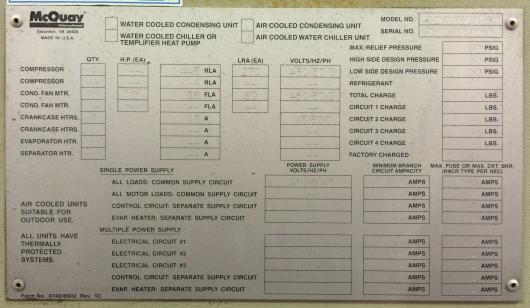 Used york 120 ton air cooled chiller 2004 data plate 1 - Surplus Group