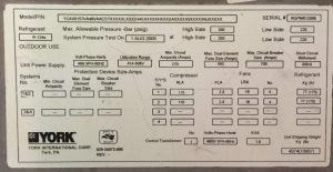 Used york 150 ton air cooled chiller 2005  data plate 1 (1)