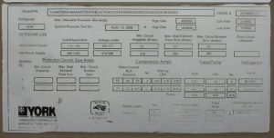 Used york 150 ton air cooled chiller 2008  data plate 1